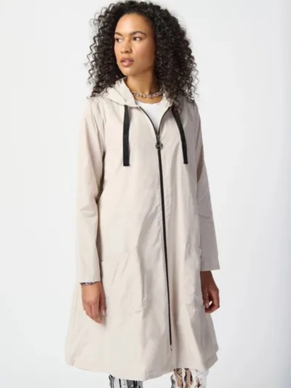 Joseph Ribkoff Cream Hooded A-Line Trench with Black Drawcords